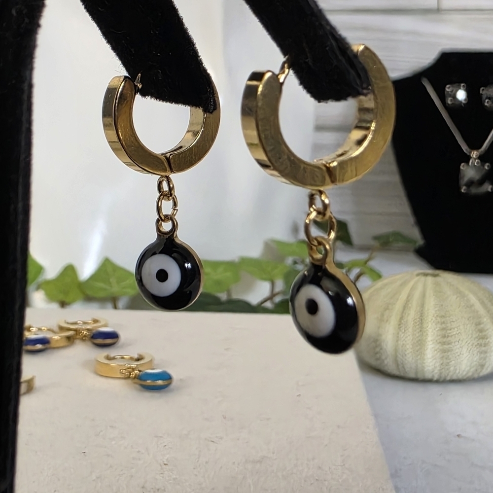 Gold Stainless Steel Huggie Hoop Earrings with Evil Eye Charm - Picture 15 of 17